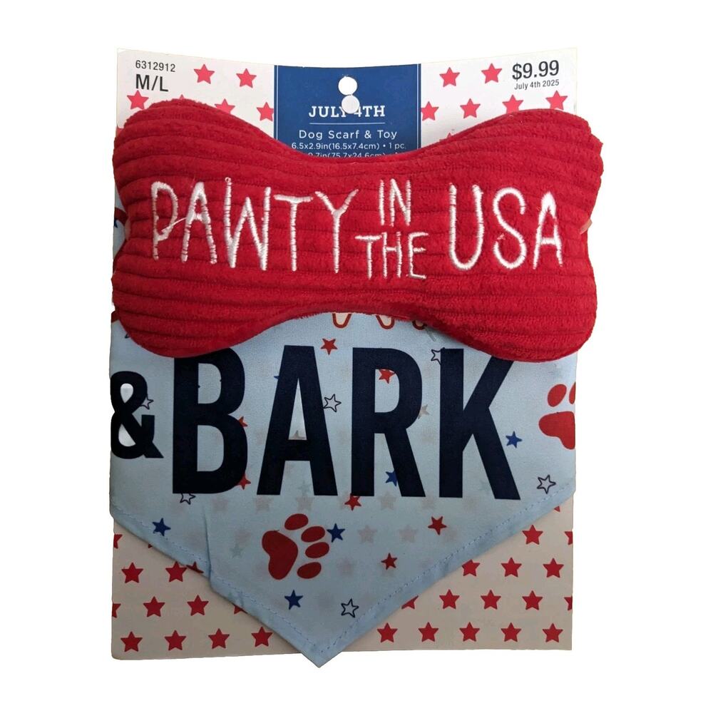 PAWTY USA Plush Dog Toy M L Bark bandana United States of America Patriotic New